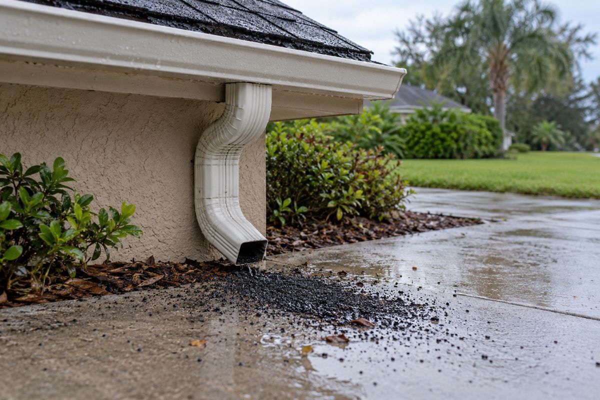 Shingle granules collected at the bottom of a downspout