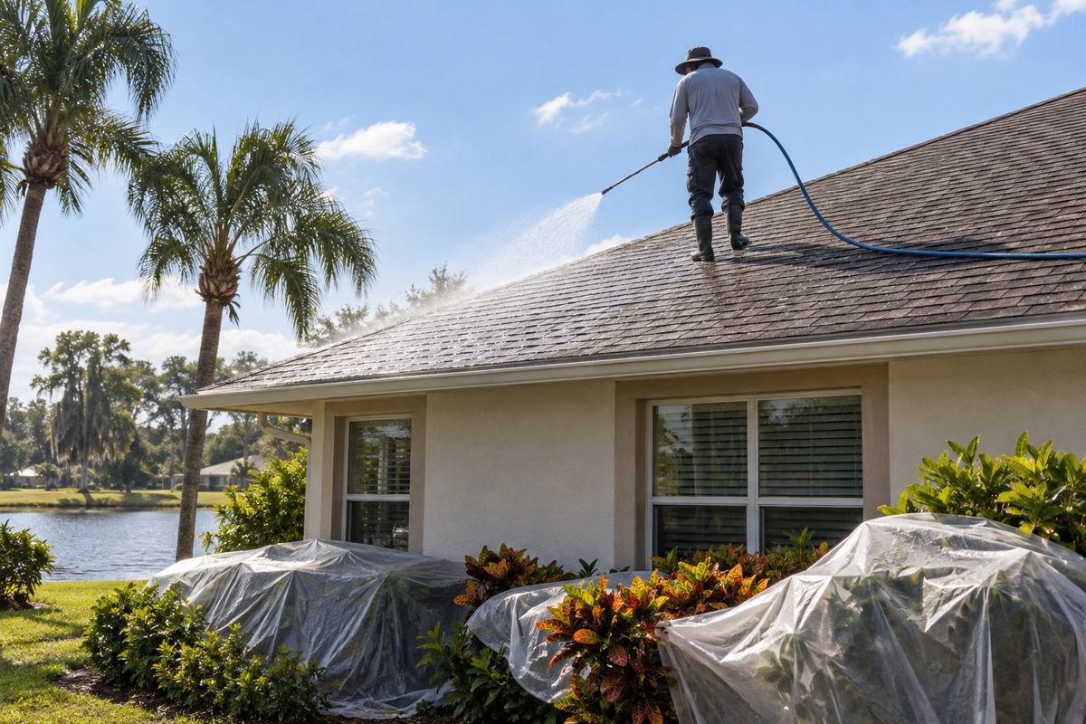 Worker gently soft washing a shingle roof from behind