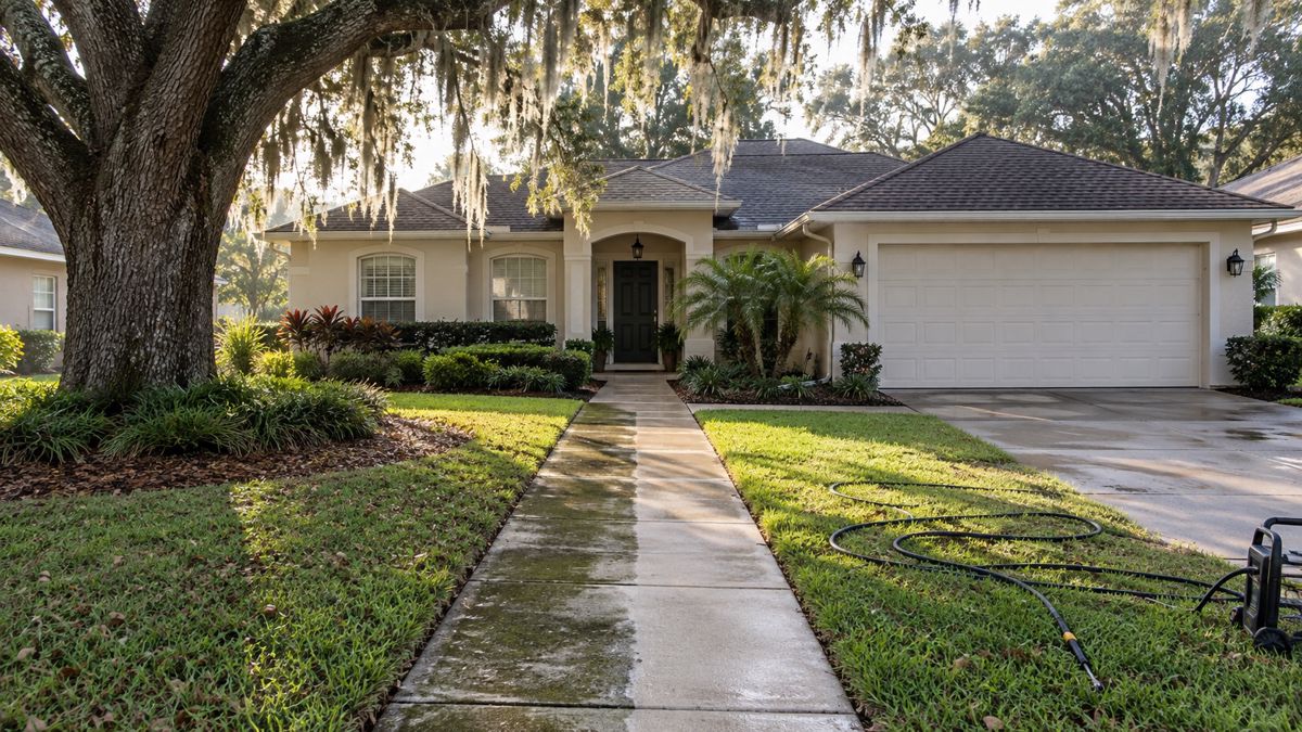 Florida stucco home with live oak and a partly cleaned front walk