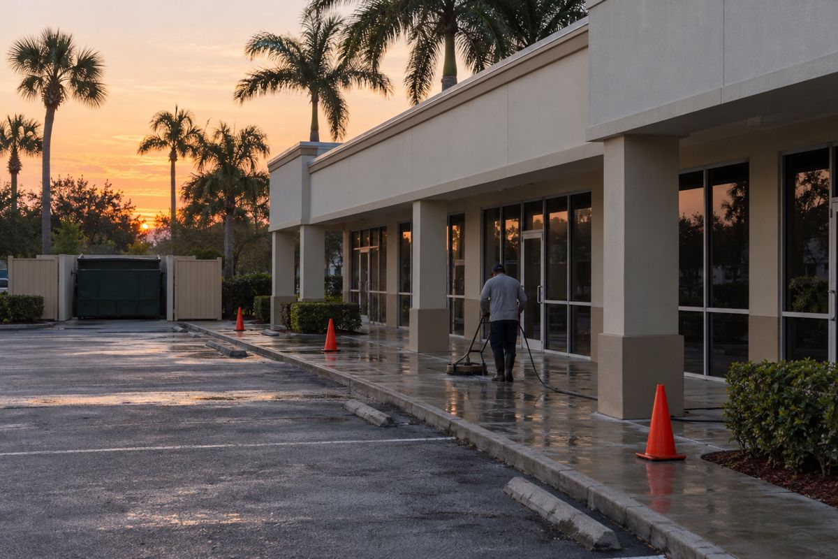 Crew washing the sidewalk of a Florida shopping plaza at dawn