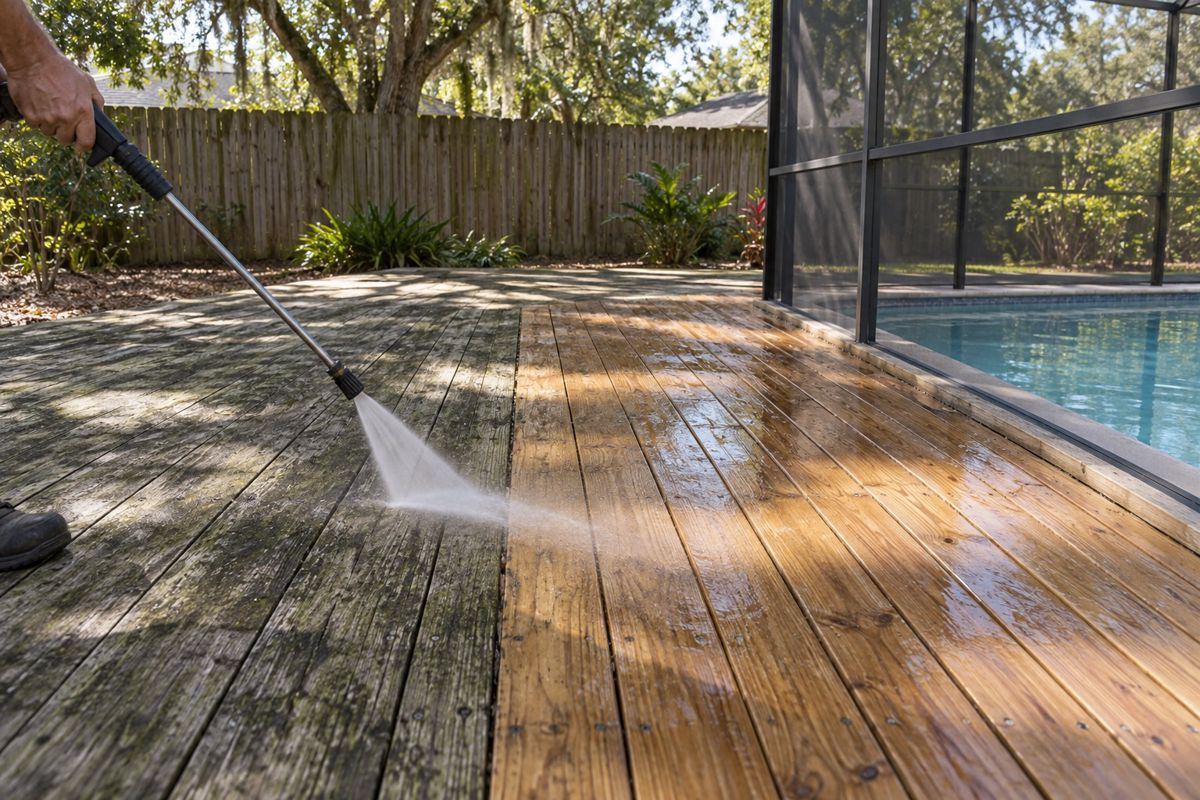 Wood deck half cleaned of gray mildew beside a privacy fence