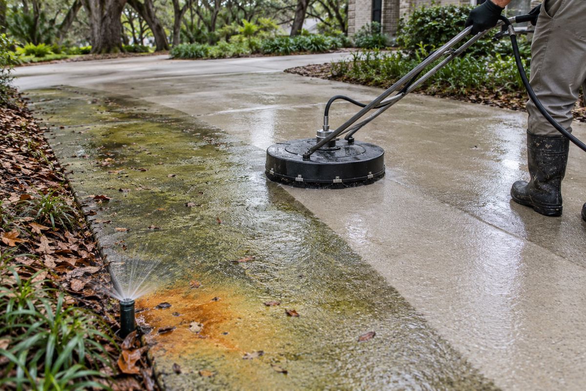 Surface cleaner leaving a clean stripe across an algae stained driveway