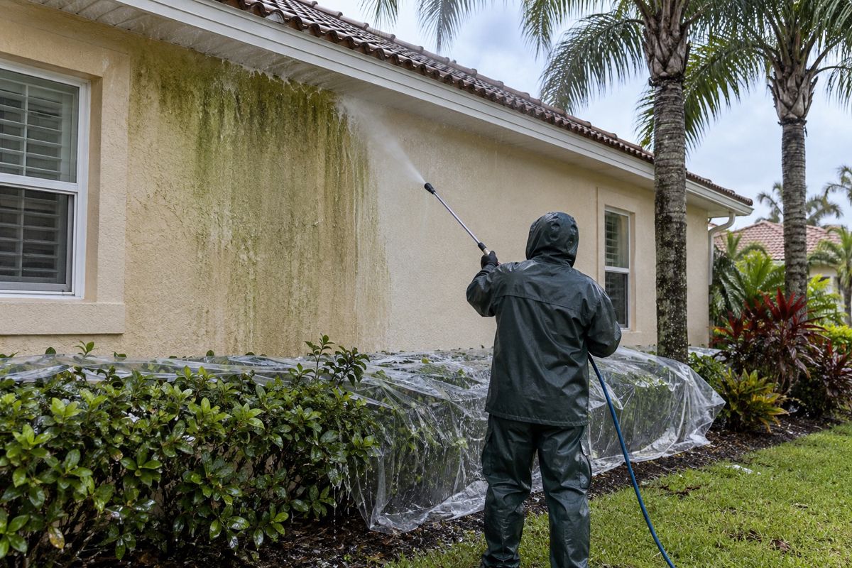 Worker soft washing algae stained stucco wall on a Florida house