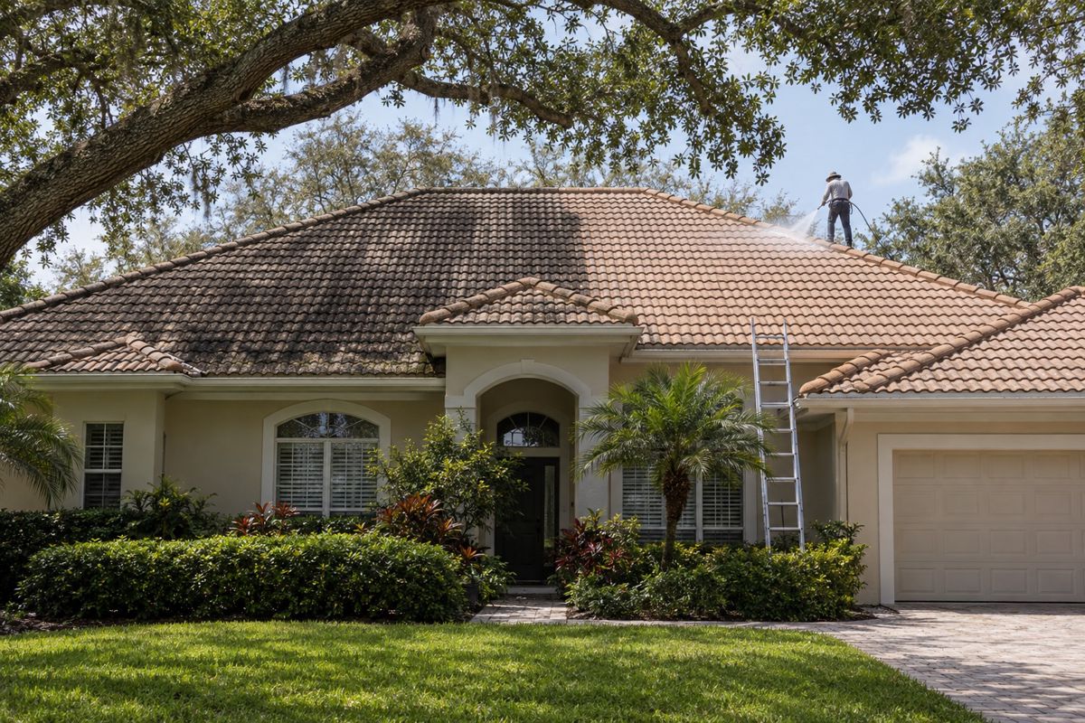 Half cleaned tile roof showing black algae streaks beside clean tiles